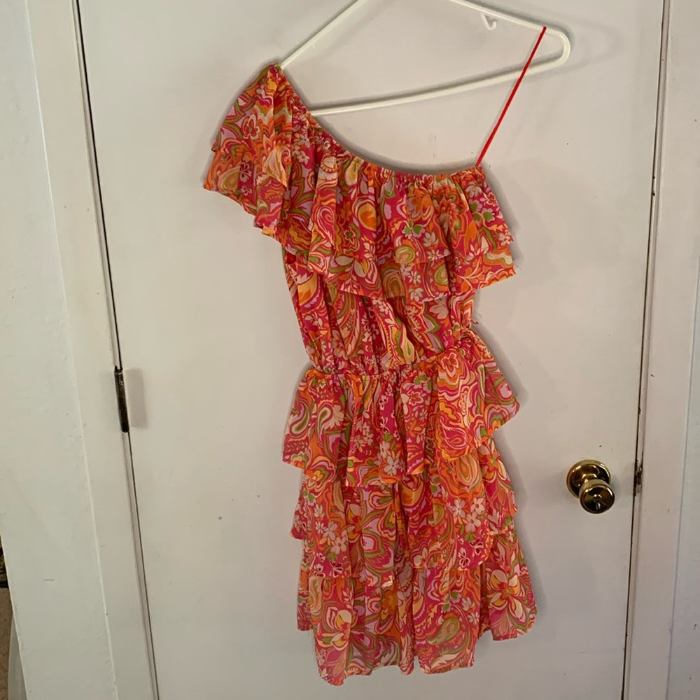Flying Tomato hot pink, orange, lime green one shoulder ruffle mini dress Size S